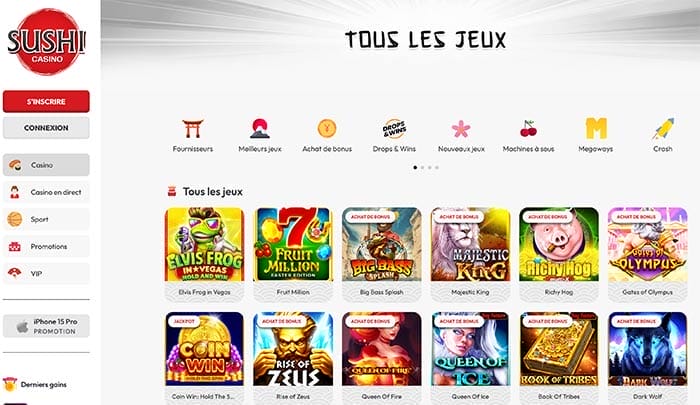 Sélection de jeux de casino chez Sushi Casino